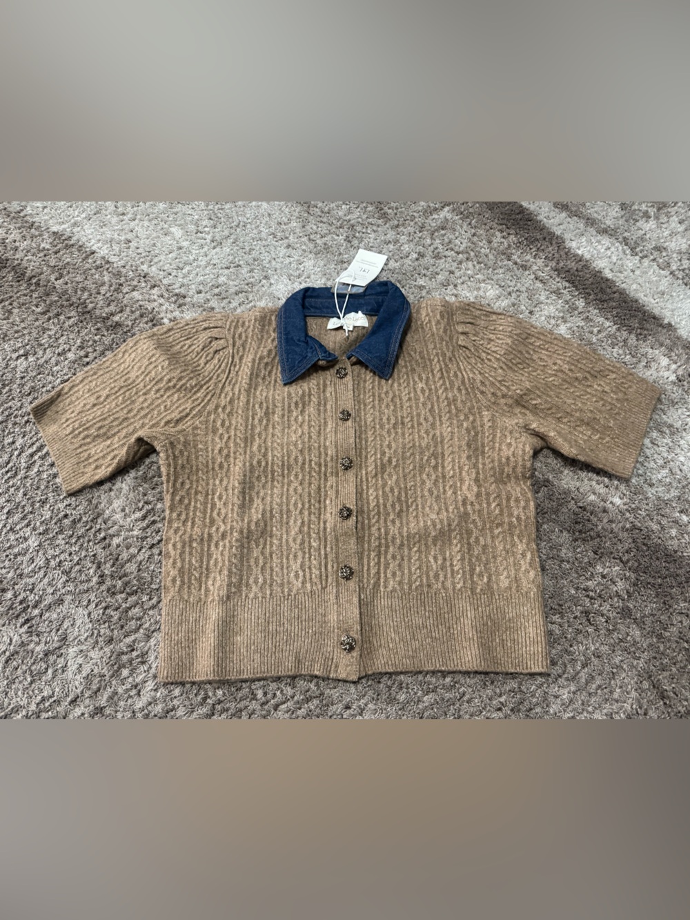Love the label Beige Ribbed Knit Denim Patchwork Button Polo